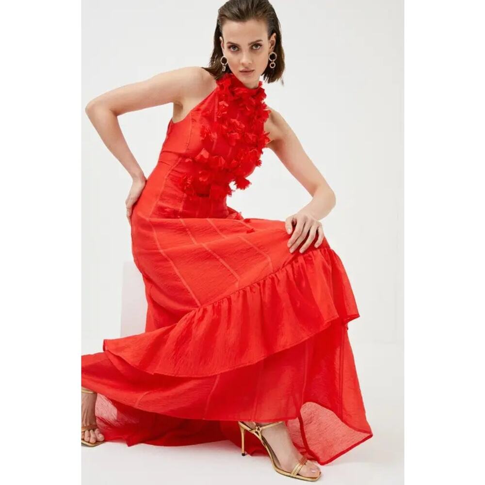 Karen Millen Floral Beaded Appliqué Halter Woven Maxi Dress Red Women's US 12